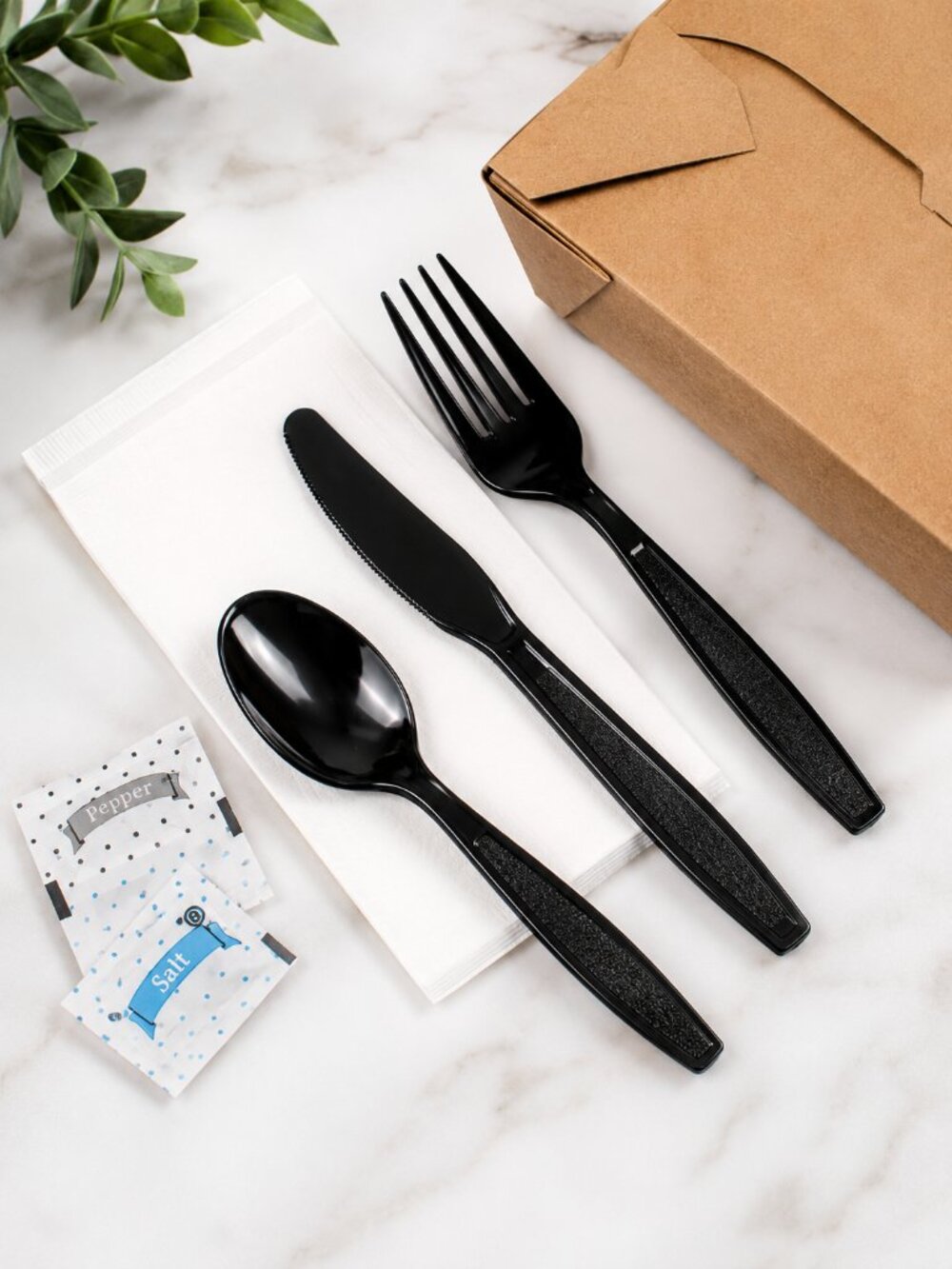 Black Heavy Weight Cutlery Kit 250/Case Fork Spoon Knife Napkin Salt & Pepper